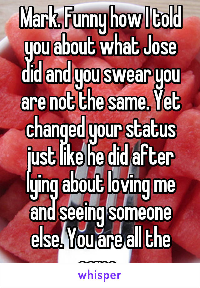 Mark. Funny how I told you about what Jose did and you swear you are not the same. Yet changed your status just like he did after lying about loving me and seeing someone else. You are all the same. 