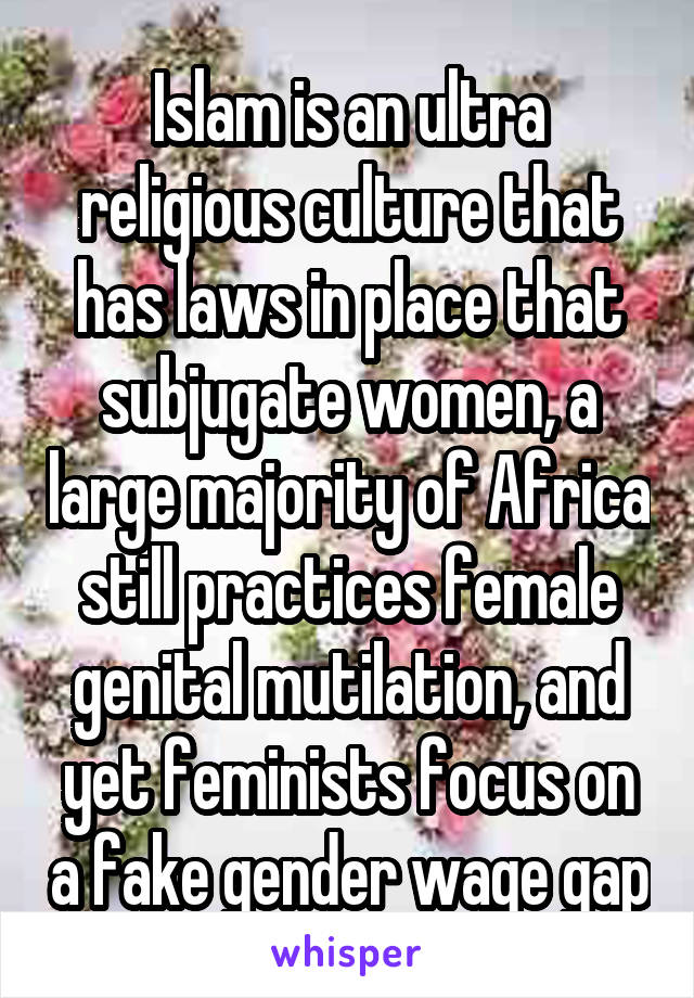 Islam is an ultra religious culture that has laws in place that subjugate women, a large majority of Africa still practices female genital mutilation, and yet feminists focus on a fake gender wage gap