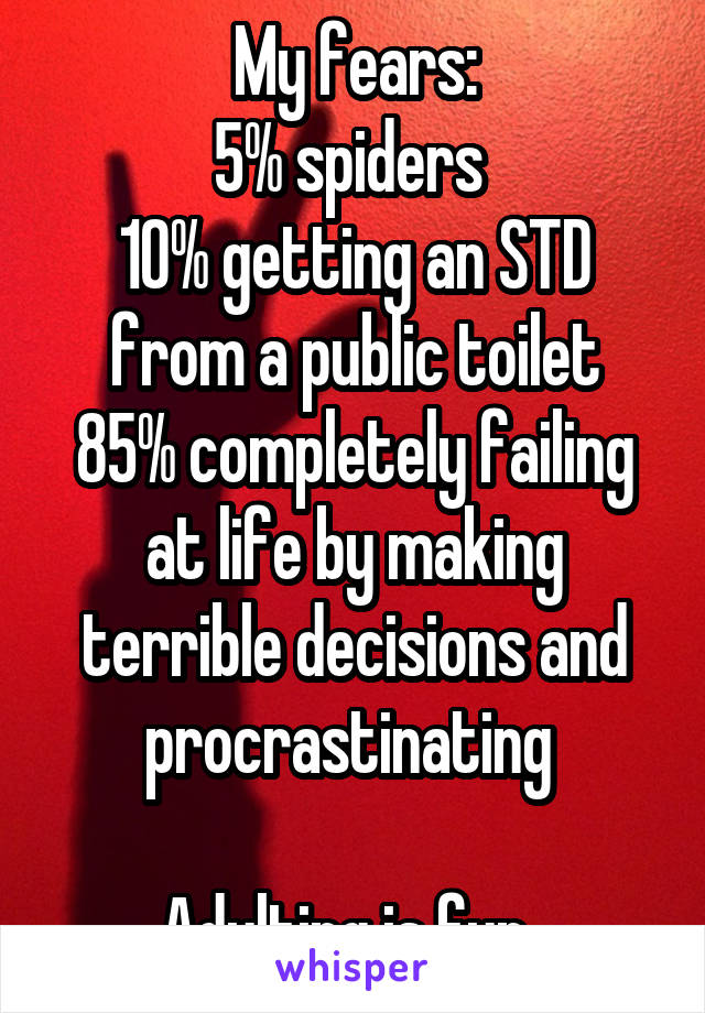 My fears:
5% spiders 
10% getting an STD from a public toilet
85% completely failing at life by making terrible decisions and procrastinating 

Adulting is fun. 