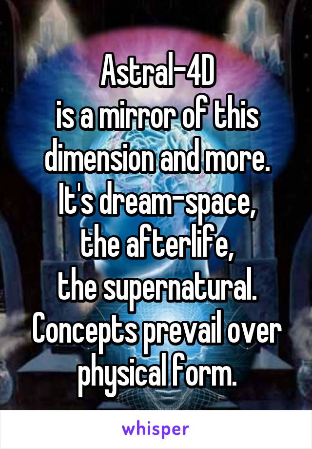 Astral-4D
is a mirror of this dimension and more.
It's dream-space,
the afterlife,
the supernatural. Concepts prevail over physical form.