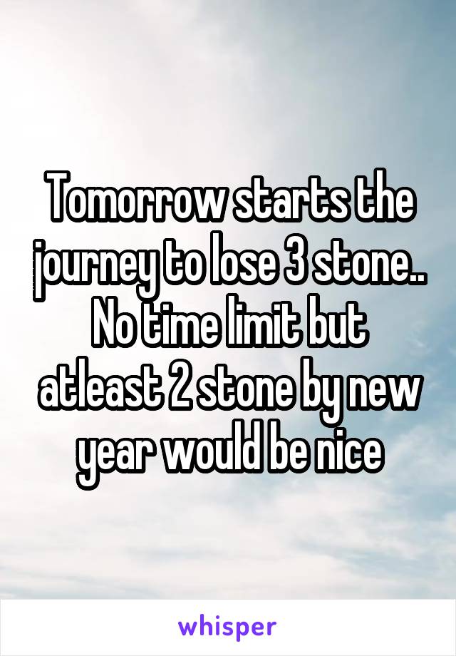 Tomorrow starts the journey to lose 3 stone.. No time limit but atleast 2 stone by new year would be nice