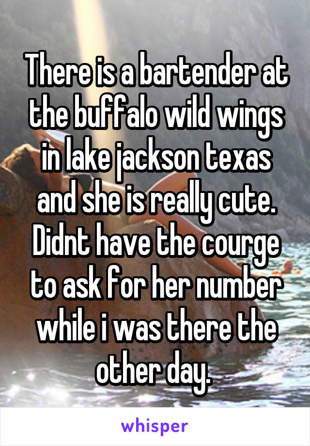 There is a bartender at the buffalo wild wings in lake jackson texas and she is really cute. Didnt have the courge to ask for her number while i was there the other day. 