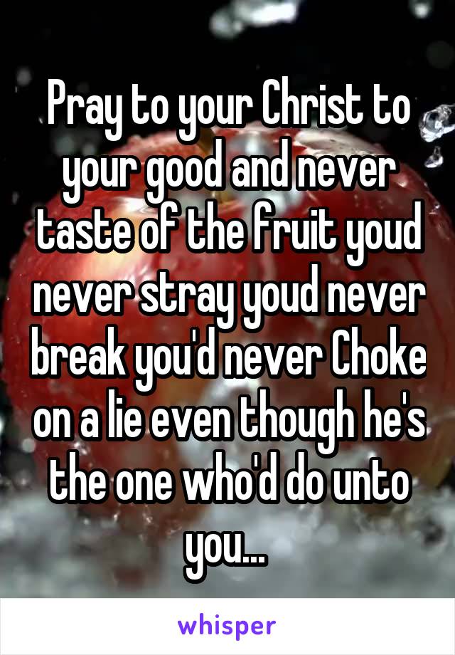 Pray to your Christ to your good and never taste of the fruit youd never stray youd never break you'd never Choke on a lie even though he's the one who'd do unto you... 