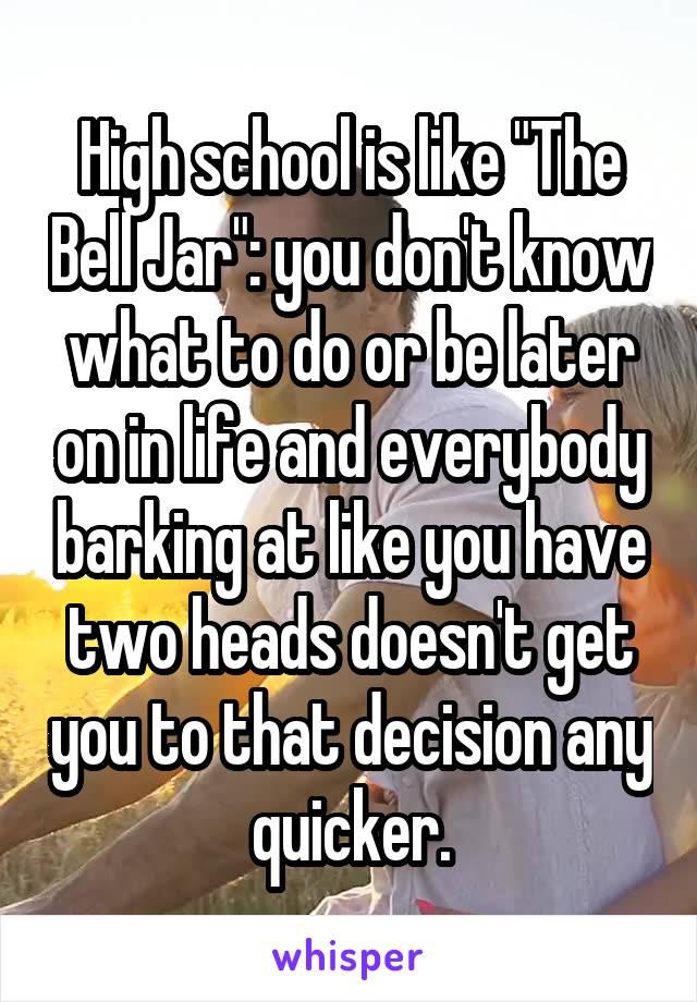 High school is like "The Bell Jar": you don't know what to do or be later on in life and everybody barking at like you have two heads doesn't get you to that decision any quicker.