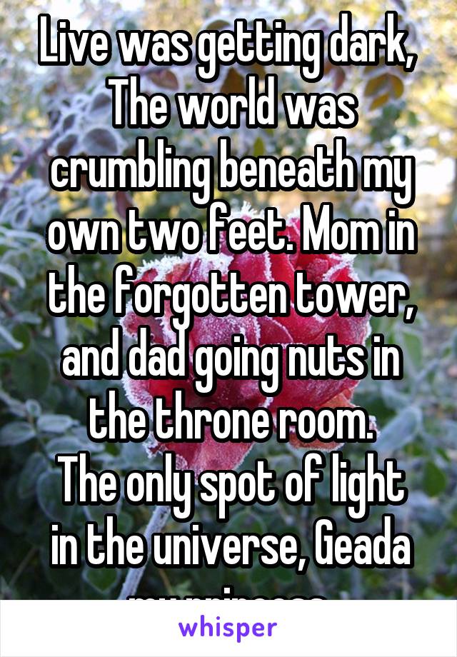 Live was getting dark, 
The world was crumbling beneath my own two feet. Mom in the forgotten tower, and dad going nuts in the throne room.
The only spot of light in the universe, Geada my princess.