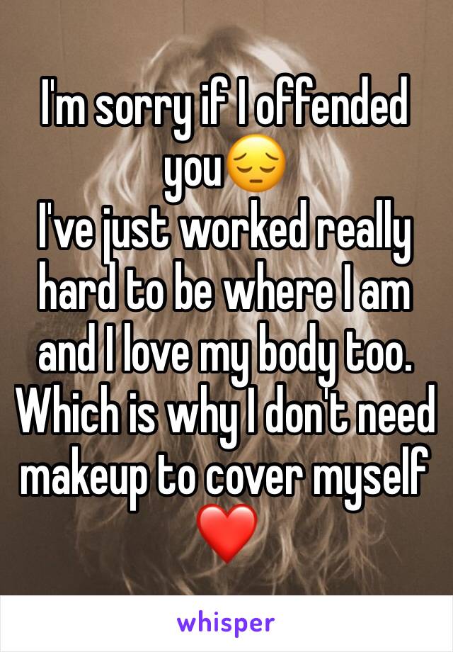 I'm sorry if I offended you😔
I've just worked really hard to be where I am and I love my body too.
Which is why I don't need makeup to cover myself❤️