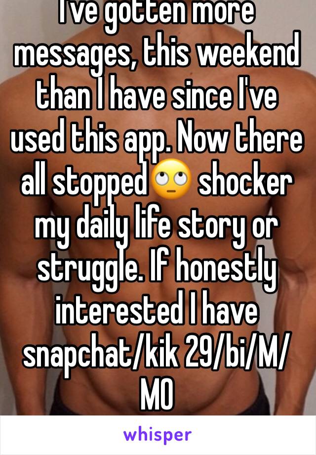 I've gotten more messages, this weekend than I have since I've used this app. Now there all stopped🙄 shocker my daily life story or struggle. If honestly interested I have snapchat/kik 29/bi/M/MO