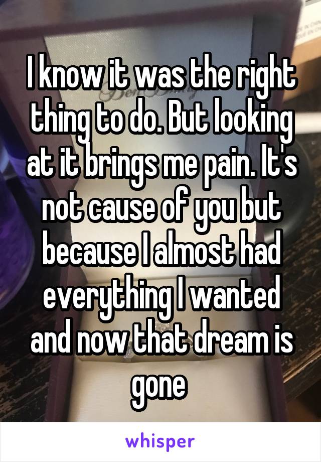 I know it was the right thing to do. But looking at it brings me pain. It's not cause of you but because I almost had everything I wanted and now that dream is gone 