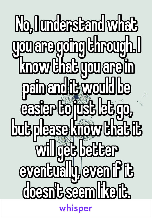 No, I understand what you are going through. I know that you are in pain and it would be easier to just let go, but please know that it will get better eventually, even if it doesn't seem like it.