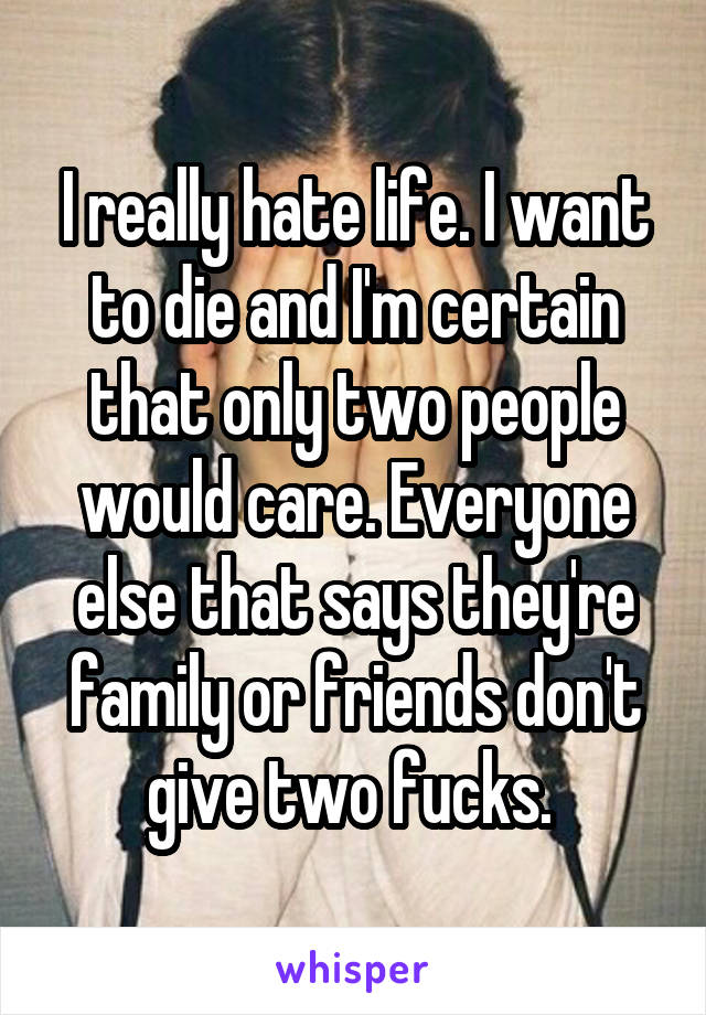 I really hate life. I want to die and I'm certain that only two people would care. Everyone else that says they're family or friends don't give two fucks. 