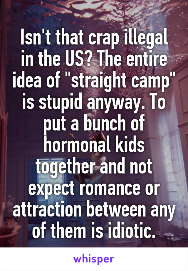 Isn't that crap illegal in the US? The entire idea of "straight camp" is stupid anyway. To put a bunch of hormonal kids together and not expect romance or attraction between any of them is idiotic.