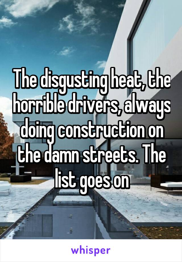 The disgusting heat, the horrible drivers, always doing construction on the damn streets. The list goes on