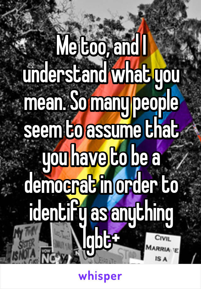 Me too, and I understand what you mean. So many people seem to assume that you have to be a democrat in order to identify as anything lgbt+