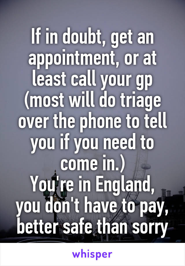 If in doubt, get an appointment, or at least call your gp (most will do triage over the phone to tell you if you need to come in.)
You're in England, you don't have to pay, better safe than sorry