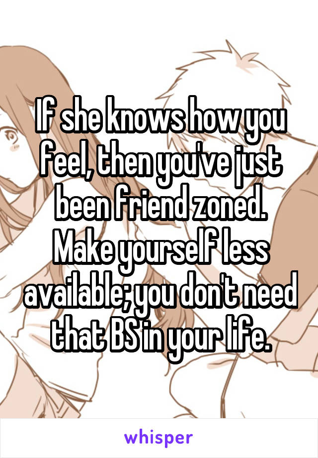 If she knows how you feel, then you've just been friend zoned.
Make yourself less available; you don't need that BS in your life.