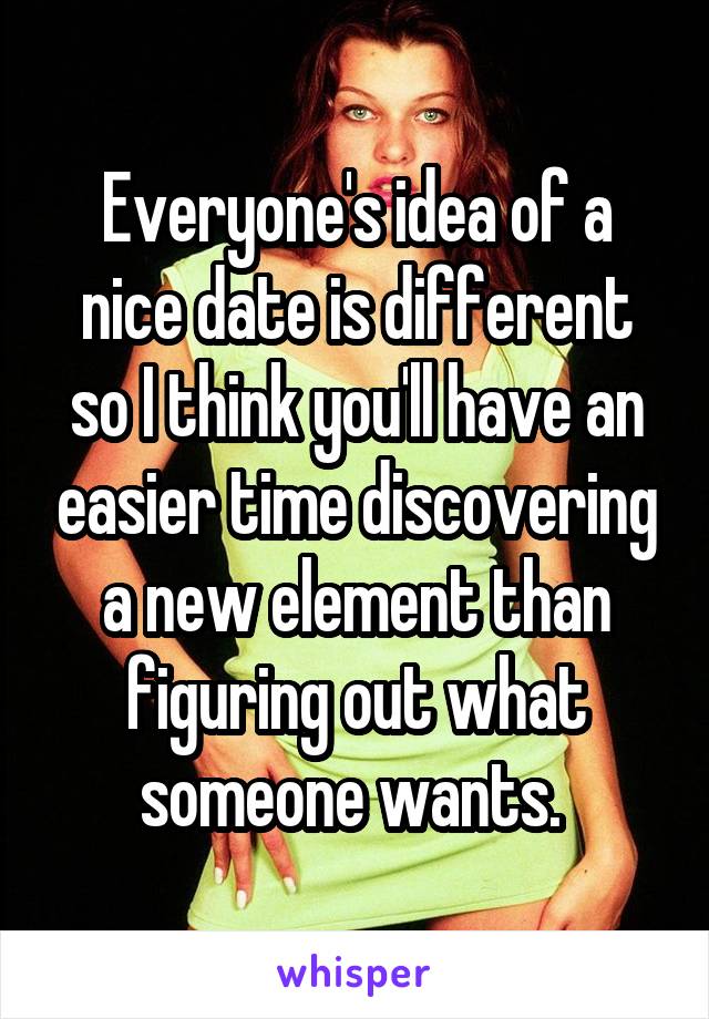 Everyone's idea of a nice date is different so I think you'll have an easier time discovering a new element than figuring out what someone wants. 