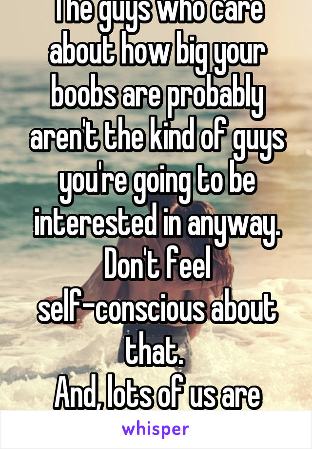 The guys who care about how big your boobs are probably aren't the kind of guys you're going to be interested in anyway.
Don't feel self-conscious about that. 
And, lots of us are attracted to them.