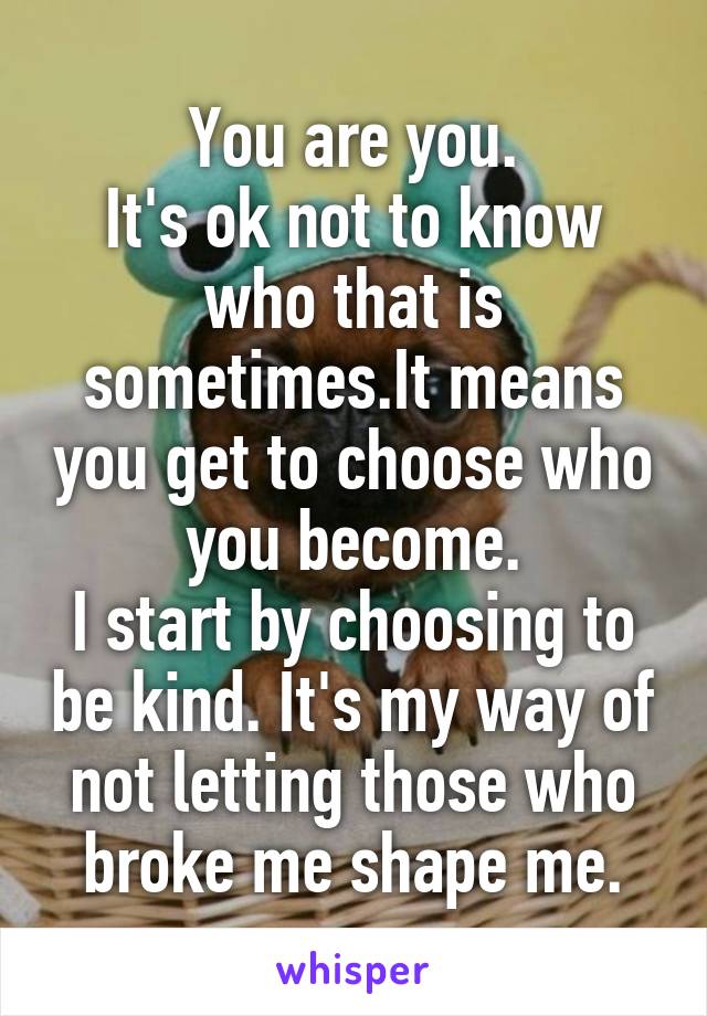 You are you.
It's ok not to know who that is sometimes.It means you get to choose who you become.
I start by choosing to be kind. It's my way of not letting those who broke me shape me.