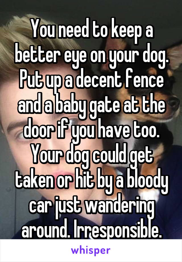 You need to keep a better eye on your dog. Put up a decent fence and a baby gate at the door if you have too. Your dog could get taken or hit by a bloody car just wandering around. Irresponsible.