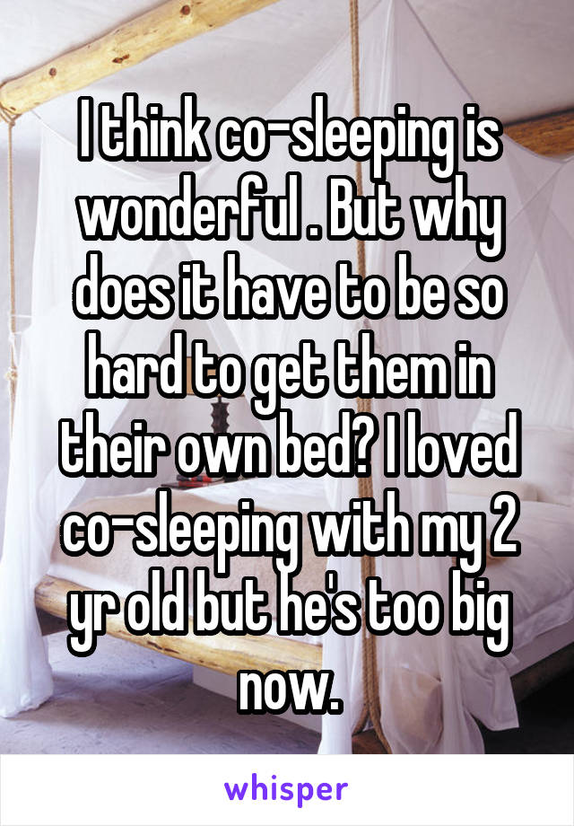 I think co-sleeping is wonderful . But why does it have to be so hard to get them in their own bed? I loved co-sleeping with my 2 yr old but he's too big now.