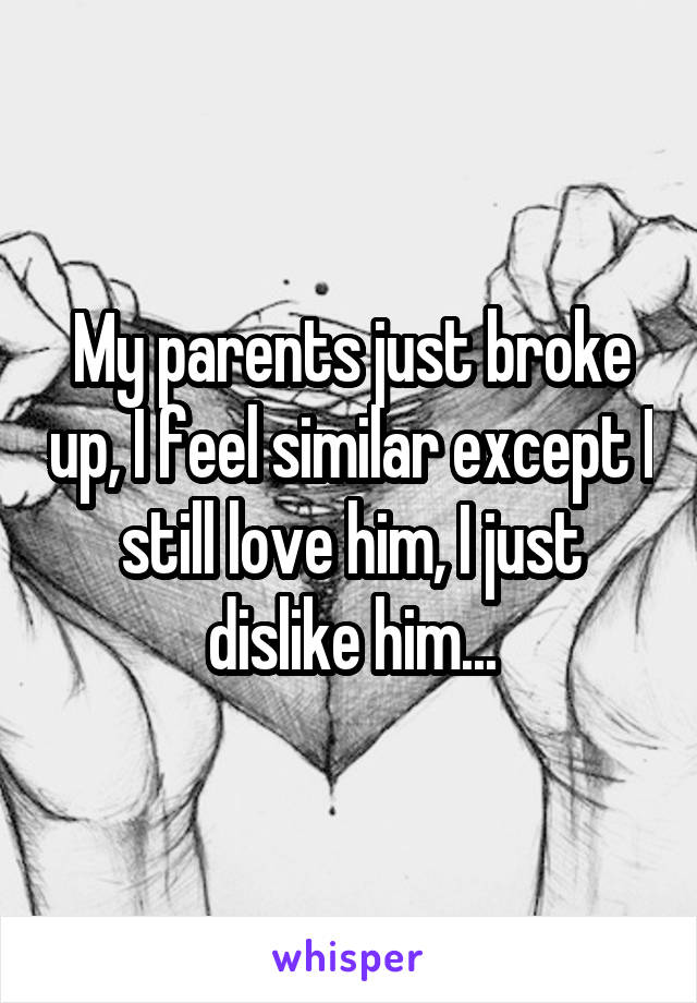 My parents just broke up, I feel similar except I still love him, I just dislike him...