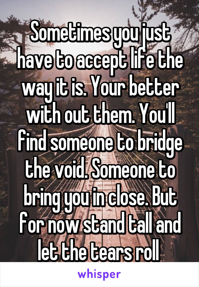 Sometimes you just have to accept life the way it is. Your better with out them. You'll find someone to bridge the void. Someone to bring you in close. But for now stand tall and let the tears roll 