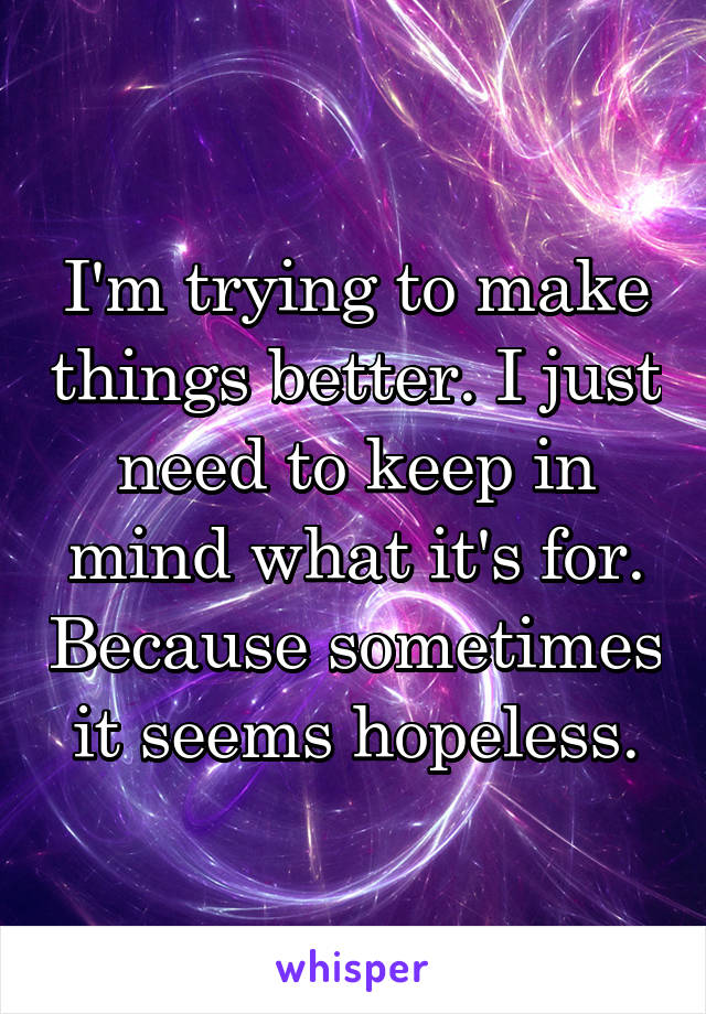 I'm trying to make things better. I just need to keep in mind what it's for. Because sometimes it seems hopeless.
