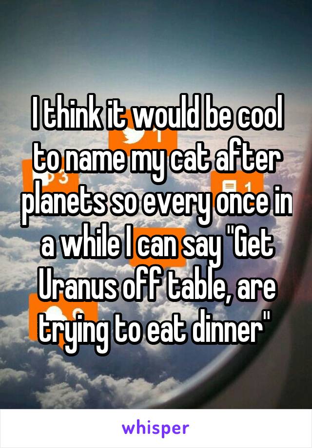 I think it would be cool to name my cat after planets so every once in a while I can say "Get Uranus off table, are trying to eat dinner" 
