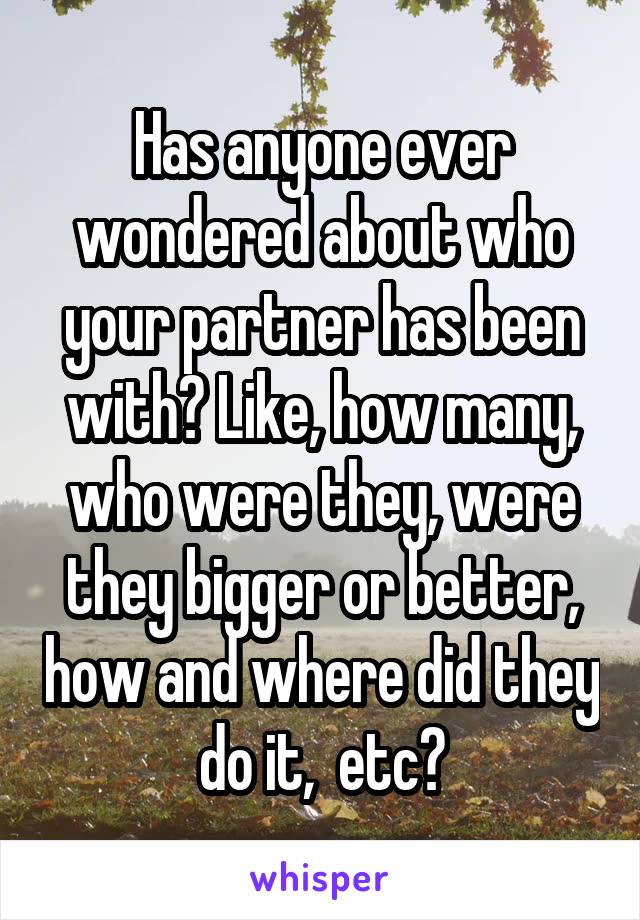 Has anyone ever wondered about who your partner has been with? Like, how many, who were they, were they bigger or better, how and where did they do it,  etc?