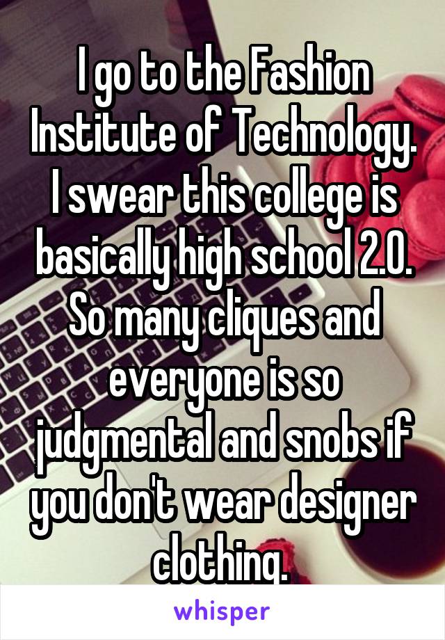 I go to the Fashion Institute of Technology. I swear this college is basically high school 2.0. So many cliques and everyone is so judgmental and snobs if you don't wear designer clothing. 