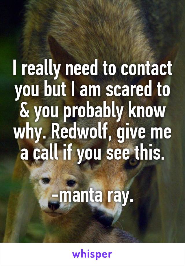 I really need to contact you but I am scared to & you probably know why. Redwolf, give me a call if you see this.

-manta ray.