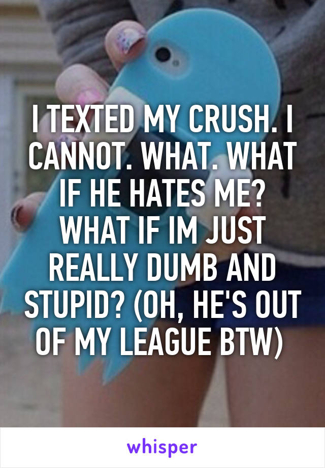 I TEXTED MY CRUSH. I CANNOT. WHAT. WHAT IF HE HATES ME? WHAT IF IM JUST REALLY DUMB AND STUPID? (OH, HE'S OUT OF MY LEAGUE BTW) 