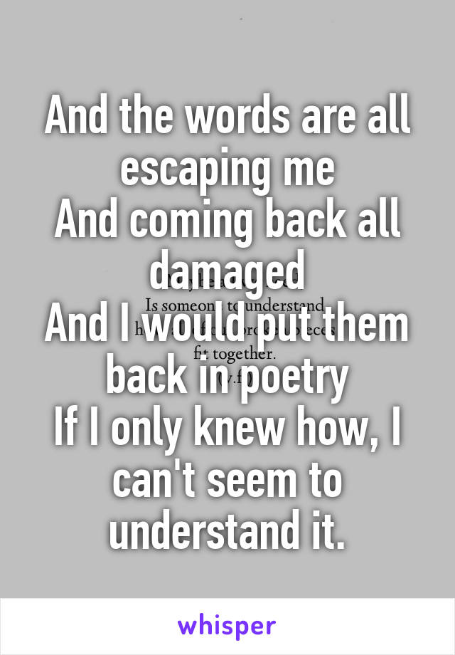 And the words are all escaping me
And coming back all damaged
And I would put them back in poetry
If I only knew how, I can't seem to understand it.