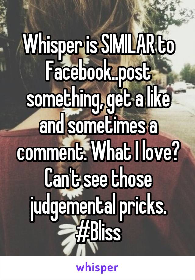 Whisper is SIMILAR to Facebook..post something, get a like and sometimes a comment. What I love? Can't see those judgemental pricks. #Bliss