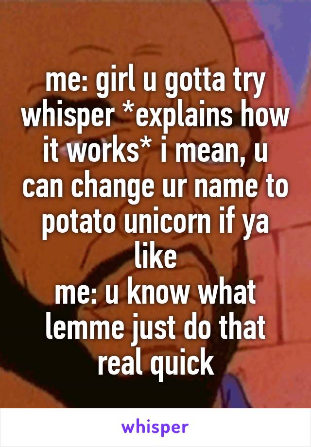 me: girl u gotta try whisper *explains how it works* i mean, u can change ur name to potato unicorn if ya like
me: u know what lemme just do that real quick