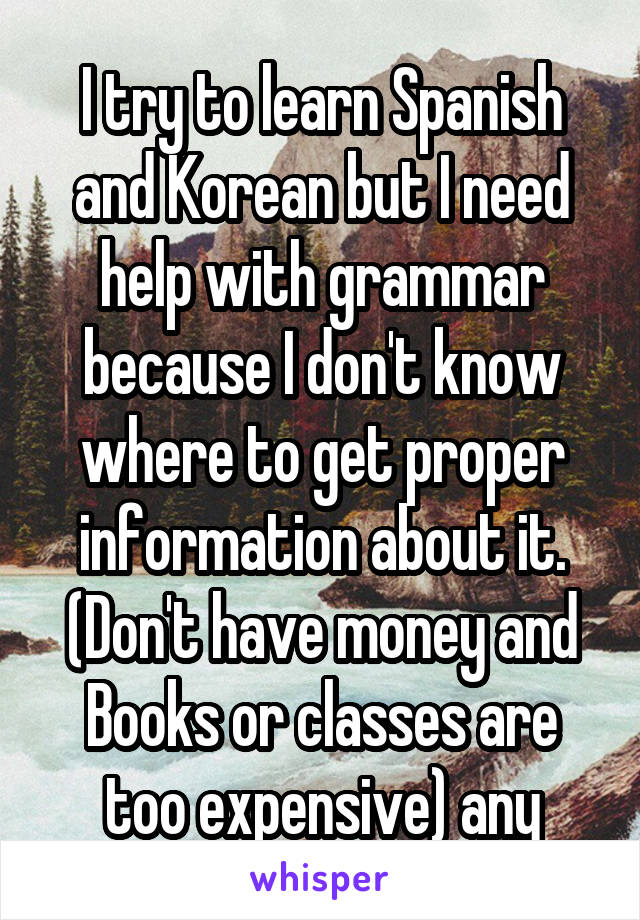 
I try to learn Spanish and Korean but I need help with grammar because I don't know where to get proper information about it. (Don't have money and Books or classes are too expensive) any help?