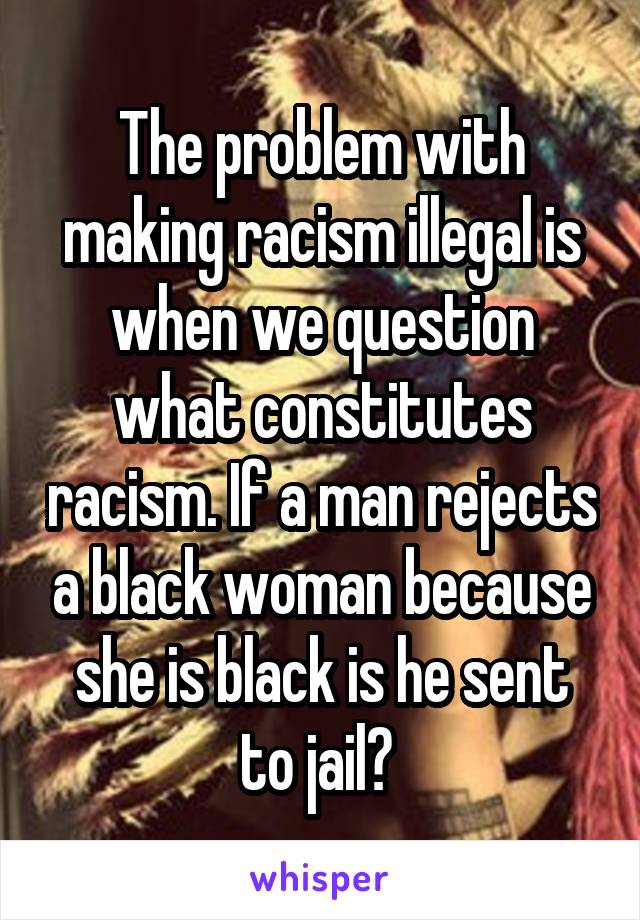 The problem with making racism illegal is when we question what constitutes racism. If a man rejects a black woman because she is black is he sent to jail? 
