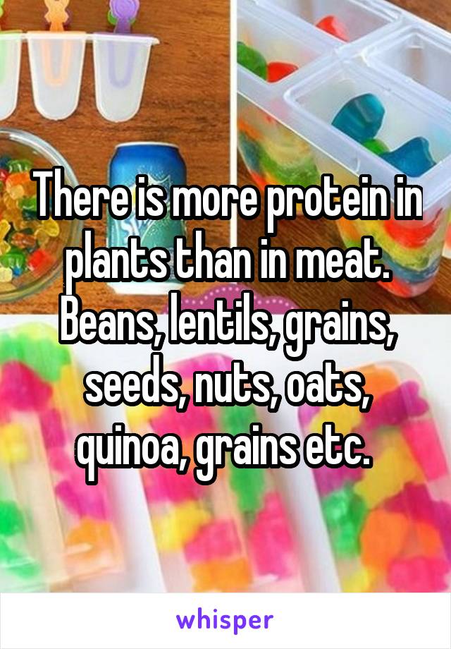 There is more protein in plants than in meat.
Beans, lentils, grains, seeds, nuts, oats, quinoa, grains etc. 