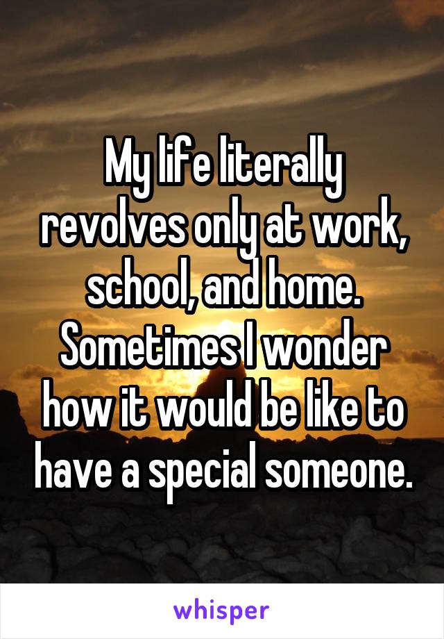 My life literally revolves only at work, school, and home. Sometimes I wonder how it would be like to have a special someone.