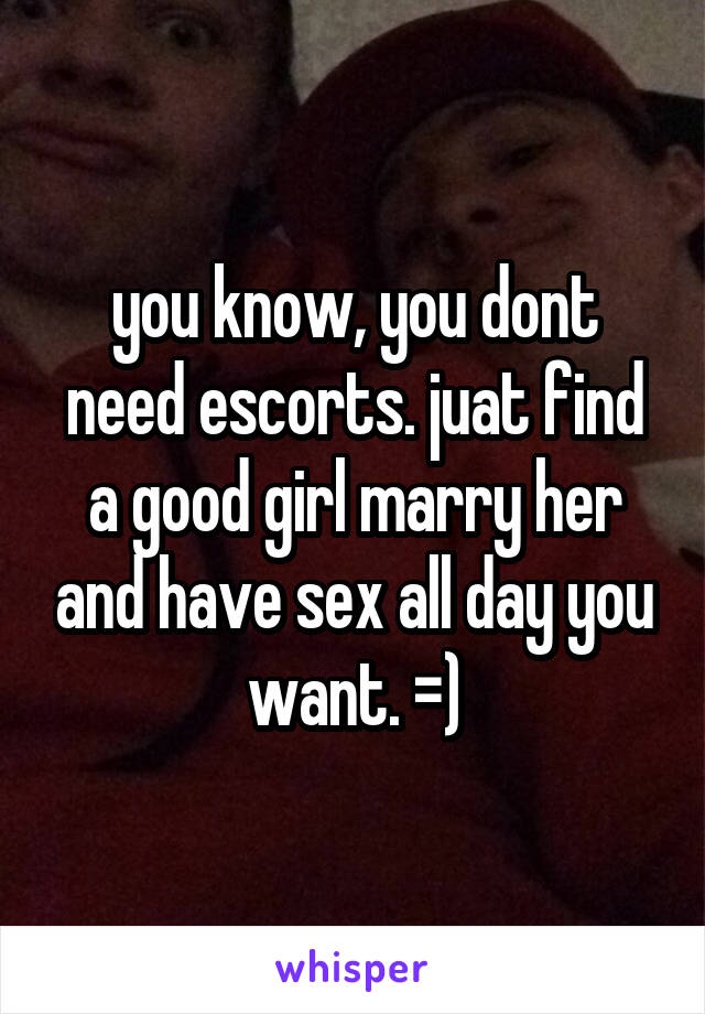 you know, you dont need escorts. juat find a good girl marry her and have sex all day you want. =)