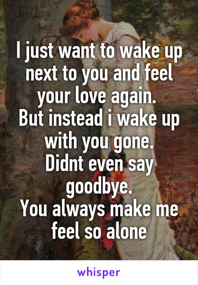 I just want to wake up next to you and feel your love again. 
But instead i wake up with you gone.
Didnt even say goodbye.
You always make me feel so alone