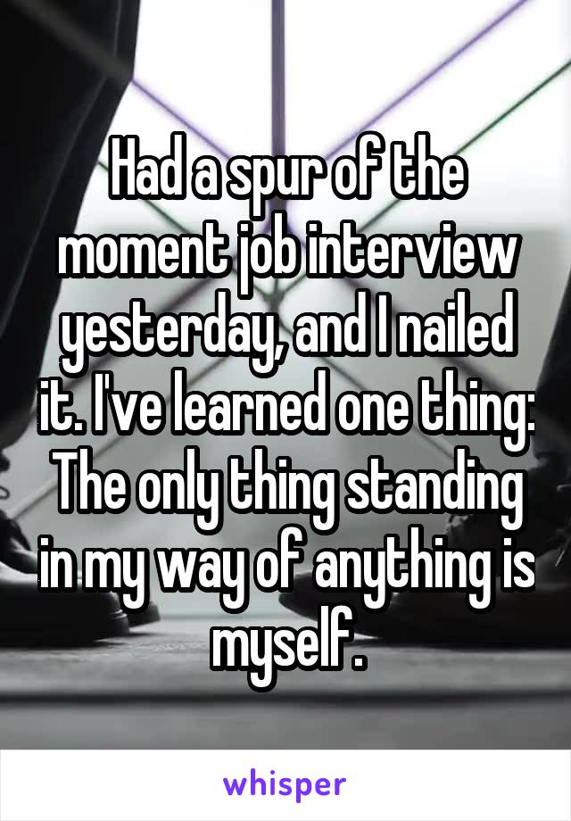 Had a spur of the moment job interview yesterday, and I nailed it. I've learned one thing:
The only thing standing in my way of anything is myself.