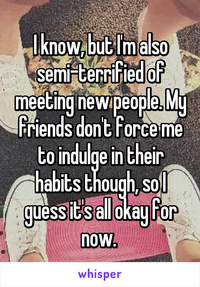 I know, but I'm also semi-terrified of meeting new people. My friends don't force me to indulge in their habits though, so I guess it's all okay for now. 