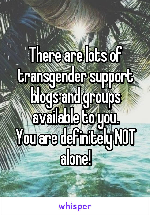 There are lots of transgender support blogs and groups available to you.
You are definitely NOT alone!
