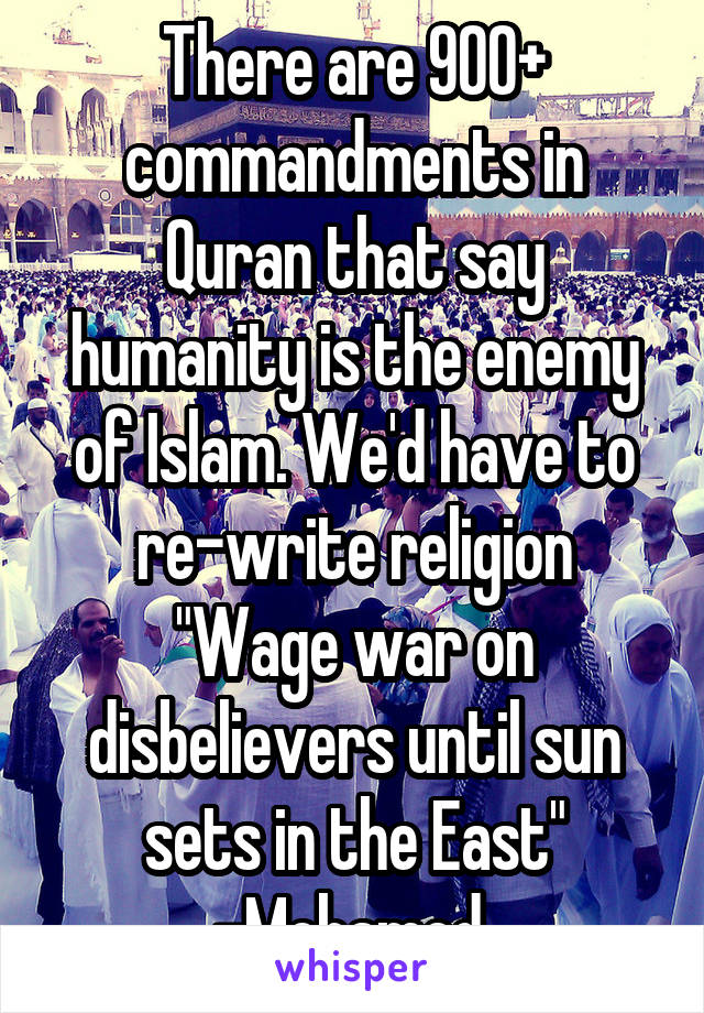 There are 900+ commandments in Quran that say humanity is the enemy of Islam. We'd have to re-write religion
"Wage war on disbelievers until sun sets in the East" -Mohamed 