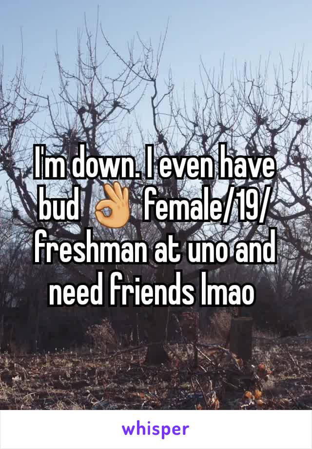 I'm down. I even have bud 👌 female/19/freshman at uno and need friends lmao 