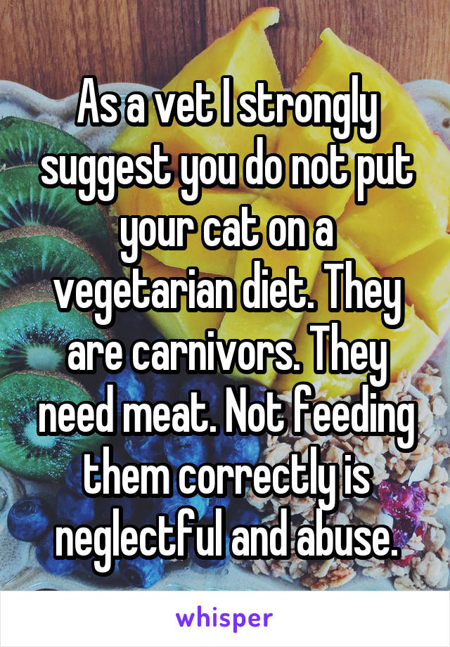 As a vet I strongly suggest you do not put your cat on a vegetarian diet. They are carnivors. They need meat. Not feeding them correctly is neglectful and abuse.