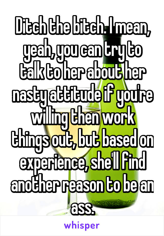 Ditch the bitch. I mean, yeah, you can try to talk to her about her nasty attitude if you're willing then work things out, but based on experience, she'll find another reason to be an ass.