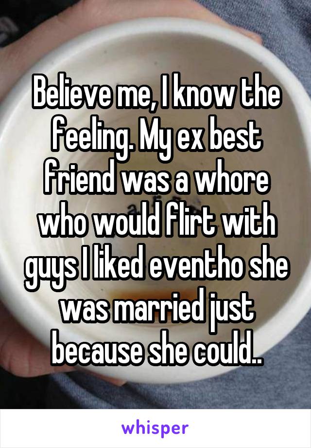 Believe me, I know the feeling. My ex best friend was a whore who would flirt with guys I liked eventho she was married just because she could..