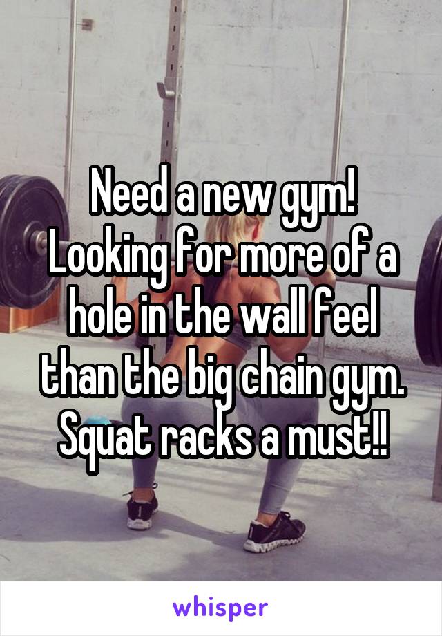 Need a new gym! Looking for more of a hole in the wall feel than the big chain gym. Squat racks a must!!